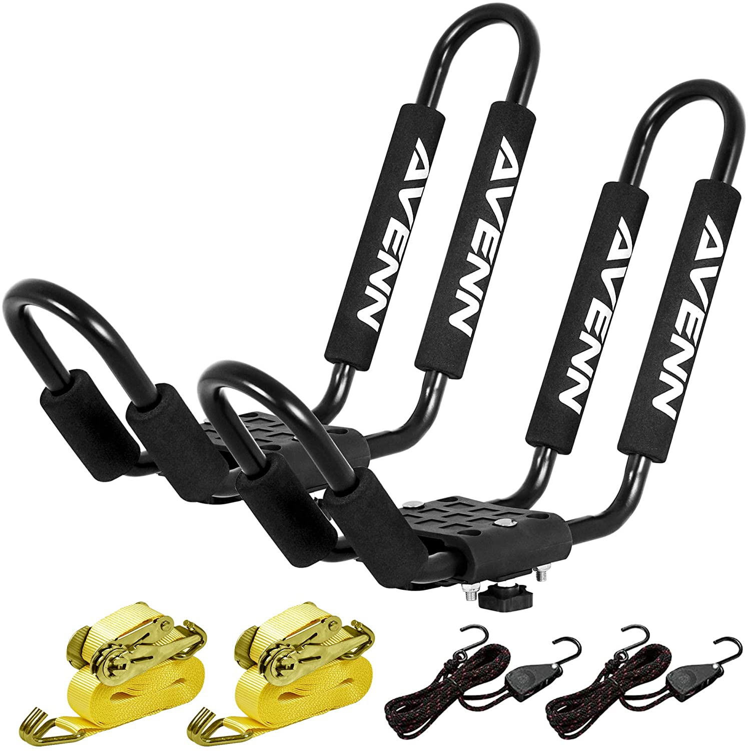 AVENN 2 Pairs Kayak HD Roof Rack Universal Mount Car SUV Top J-Bar Canoe Boat Surf Ski Carrier with Lashing Strap & Stern Tie Down Straps