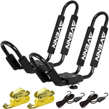 AVENN 2 Pairs Kayak HD Roof Rack Universal Mount Car SUV Top J-Bar Canoe Boat Surf Ski Carrier with Lashing Strap & Stern Tie Down Straps