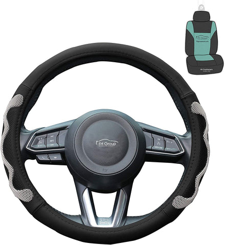 FH Group FH2010 Universal Leather Car Steering Wheel Cover (Gray) with Gift – Universal Fit for Cars Trucks & SUVs