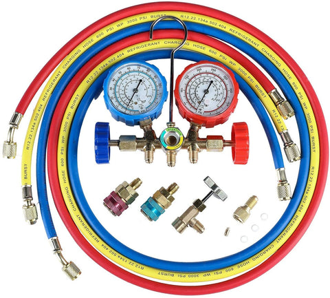 5FT AC Gauge Set for R134A R12, R22, R502 Refrigerants, with Couplers and Can Tap