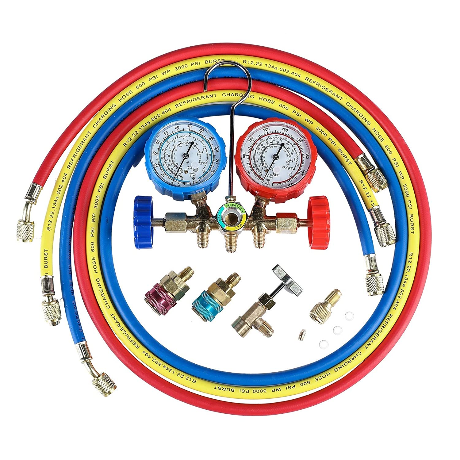 5FT 3-Way AC Diagnostic Manifold Gauge Set for Freon Charging, Fits R134A R12 R22 and R502 Refrigerants, with Acme Adapter and Can Tap for Automotive Car Air Conditioning