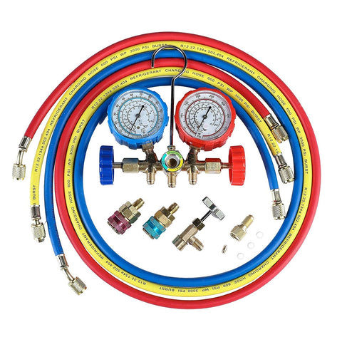 5FT 3-Way AC Diagnostic Manifold Gauge Set for Freon Charging, Fits R134A R12 R22 and R502 Refrigerants, with Acme Adapter and Can Tap for Automotive Car Air Conditioning