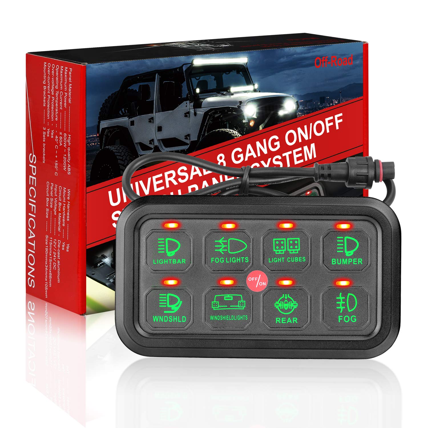8 Gang Switch Panel Kit, Auto Power Plus Circuit Control Box Electronic Relay System Universal ON/Off Touch Switch Box with Harness and Label Stickers for Truck Jeep ATV UTV Boat Marine