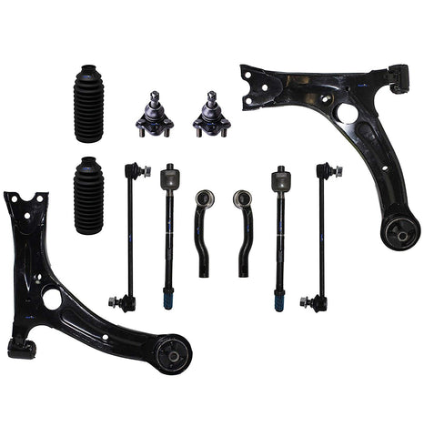 PartsW 12 Pc Front Suspension Kit for Toyota Corolla 2003-2008 / Tie Rod End & Ball Joints, Sway Bars, Lower Control Arms, Rack and Pinion Bellow Boot