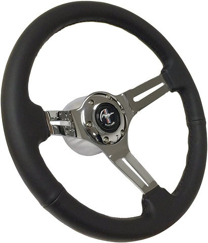 Volante S6 Sport Black Leather Steering Wheel Kit with Pony Emblem Compatible with 1968-1978 Ford Mustang