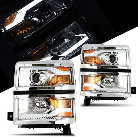 ECCPP for 2014-2015 Chevy Silverado Chrome Housing/Clear Lens Projector Headlight with LED Illuminating Bar DRL Pair Set