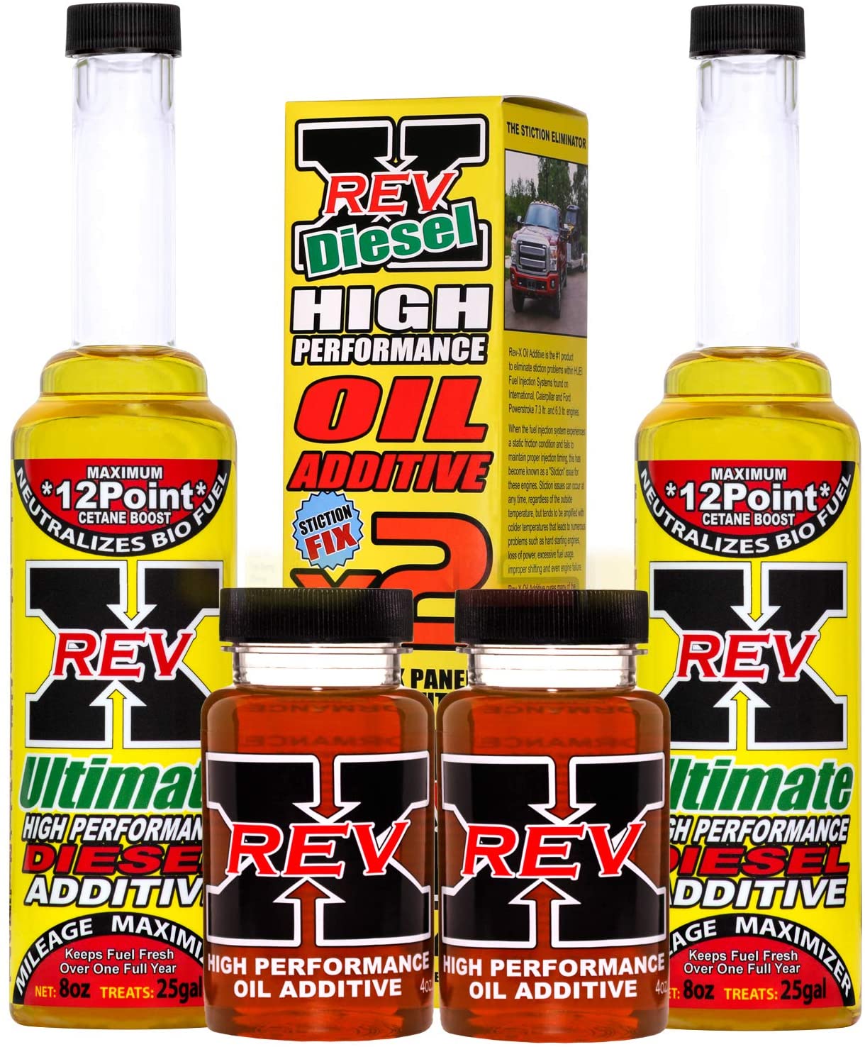 REV X Super Ultimate Kit for Diesel - 4oz High Performance Oil Additive (2) + 8oz Ultimate Fuel Treatment (2)