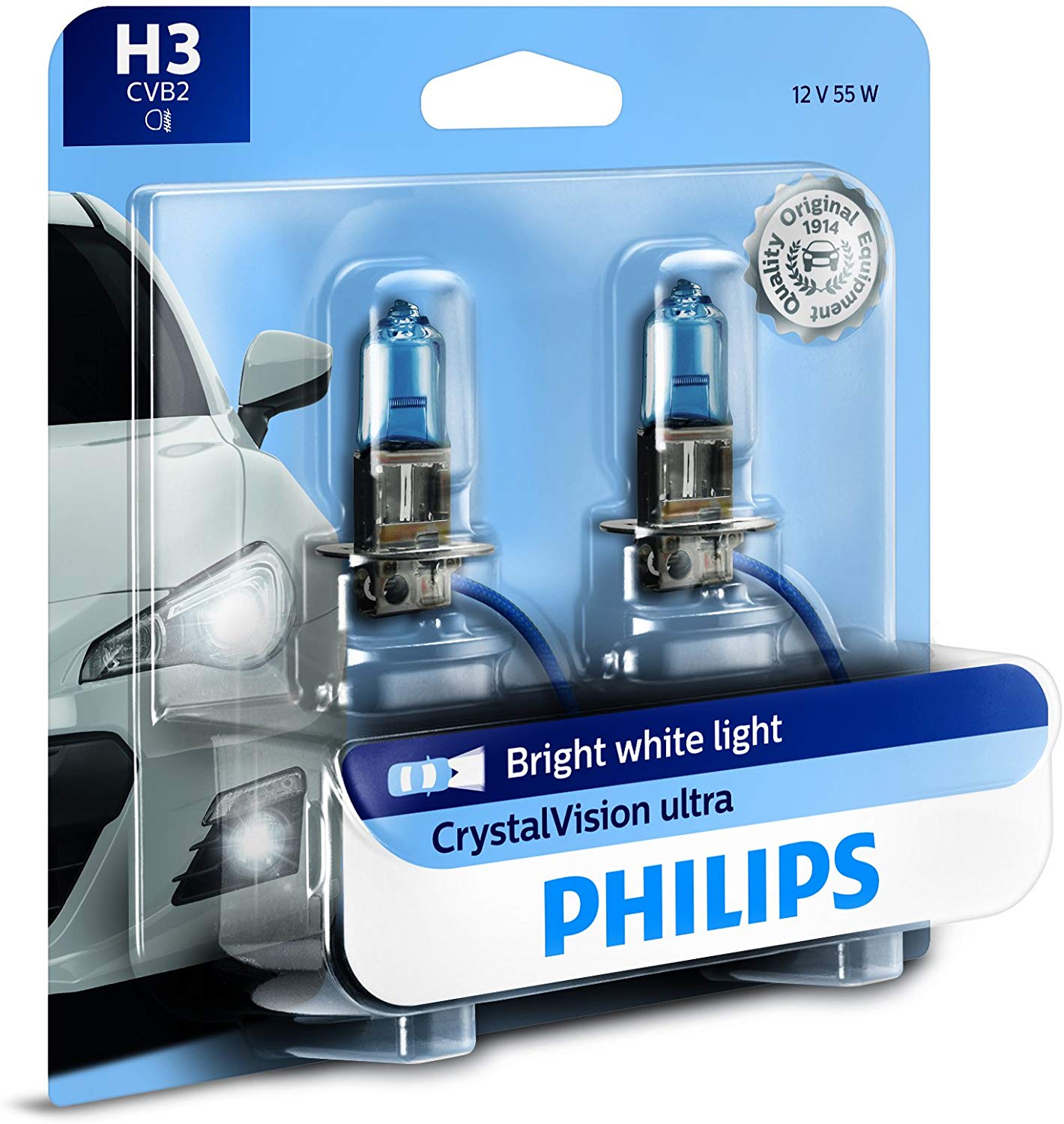 Philips H3 CrystalVision Ultra Upgrade Bright White Headlight Bulb, 2 Pack