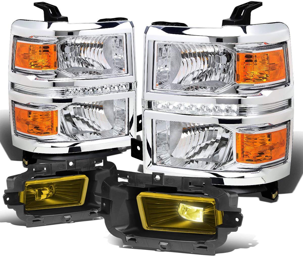 For Chevy Silverado 1500 Chrome Housing Amber Corner LED DRL Headlight + Amber Lens Fog Light + Switch