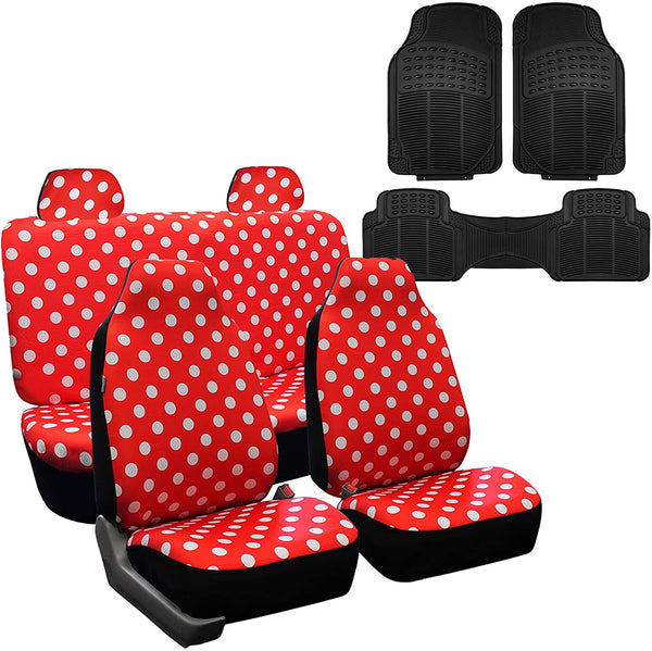 FH Group FH-FB115114 Full Set Polka Dots Red Color Car Seat Covers with F11306 Vinyl Floor Mats- Fit Most Car, Truck, SUV, or Van