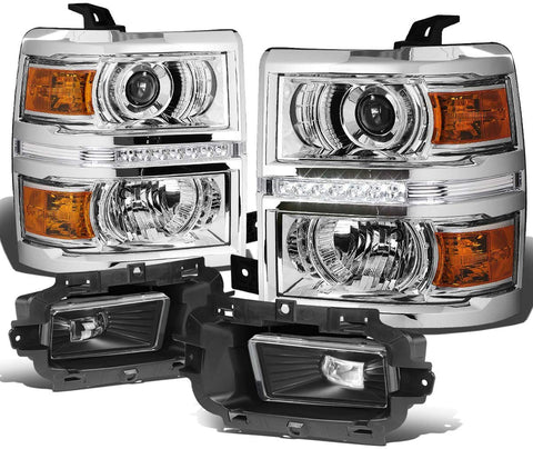 For Chevy Silverado 1500 Chrome Housing Amber Corner LED DRL Projector Headlight + Clear Lens Fog Light + Switch