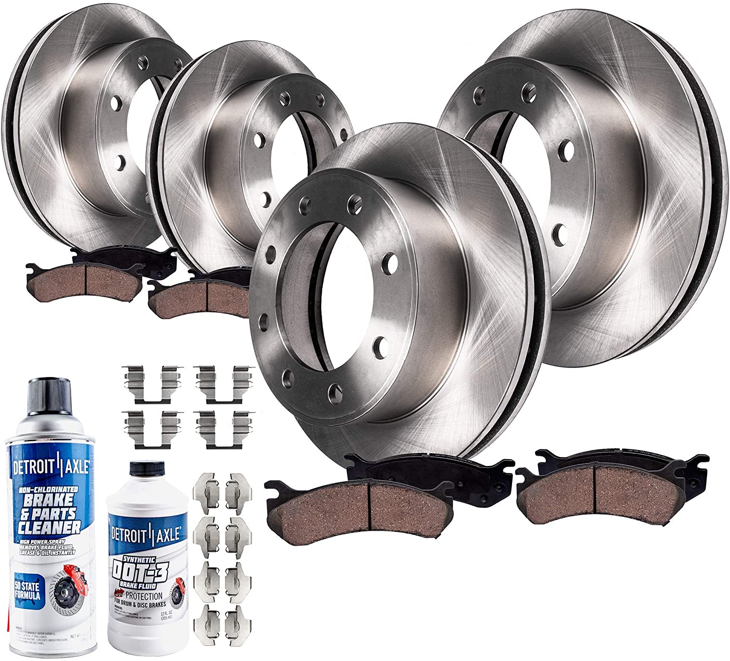 Detroit Axle - Front and Rear Brake Kit Rotors w/Ceramic Pads w/Hardware & Brake Kit Cleaner & Fluid for 2005-2007 Ford F-250 4x4 w/SINGLE REAR WHEELS (No Harley Package) - 05-08 Ford F-350 SRW