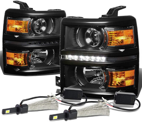 For Chevy Silverado GMT K2XX Black Housing Projector LED Headlight W/Amber Signal + H1 LED Conversion Kit