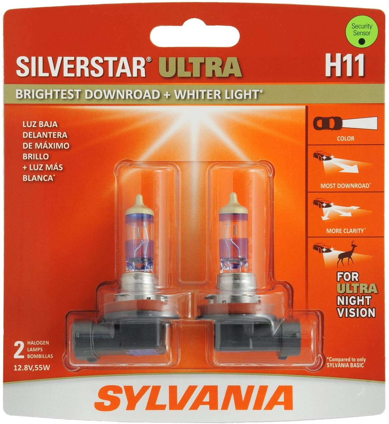 SYLVANIA - H11 SilverStar Ultra - High Performance Halogen Headlight Bulb, High Beam, Low Beam and Fog Replacement Bulb, Brightest Downroad with Whiter Light, Tri-Band Technology (Contains 2 Bulbs)