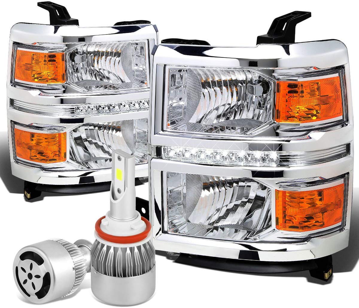 For Chevy Silverado Pair of GMT K2XX Chrome Housing LED Headlight W/Amber Signal + H8 LED Conversion Kit W/Fan