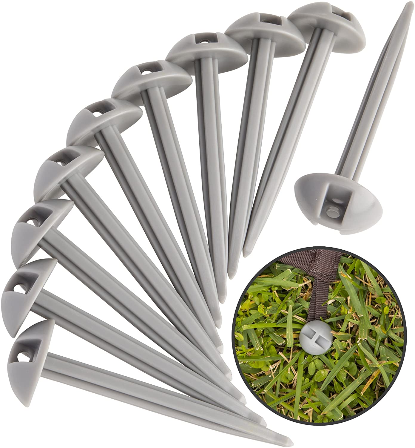 AdvenGO 10 Strong Polypropylene Stake Set for Grass, Soil - Anchoring Blankets, Patio Rugs, Camping Tents, Tarps, and RV Mats - Easy to Use, Outdoor Lawn and Garden Stakes - (Silver) (Silver)