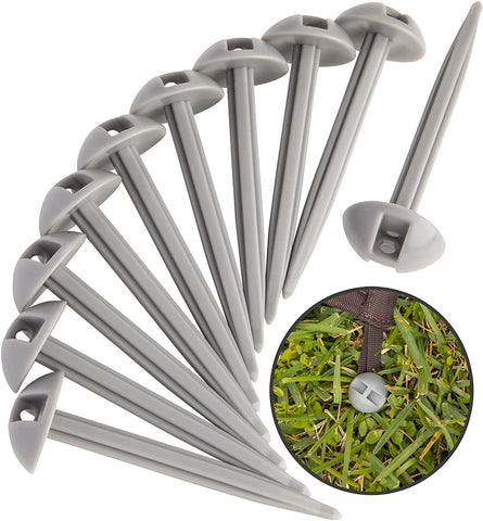 AdvenGO 10 Strong Polypropylene Stake Set for Grass, Soil - Anchoring Blankets, Patio Rugs, Camping Tents, Tarps, and RV Mats - Easy to Use, Outdoor Lawn and Garden Stakes - (Silver)