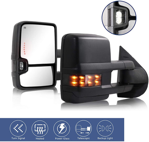 Towing Mirrors fit for 2007-2013 Chevy Silverado GMC Sierra / 2014 Silverado GMC Sierra 2500HD 3500HD tow mirrors with Power Glass Heated Turn Signal Lights Backup Lamp Extendable Pair Set