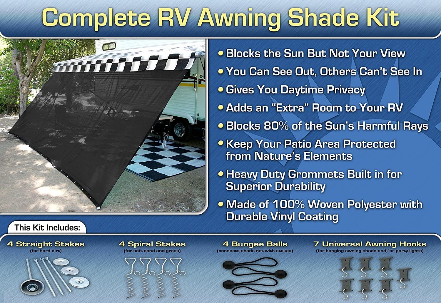 EZ Travel Collection RV Awning Shade Complete Kit 8'x20' (Black) (8' x 20')