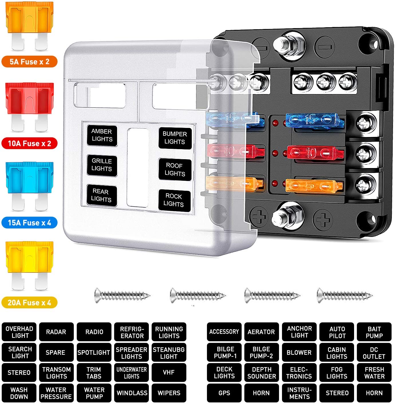 Nilight 6 Way Blade Fuse Block 6 Circuits with Negative Bus Fuse Box Holder with LED Indicator ATO/ATC Fuse Panel Waterproof Cover for 12V Automotive Cars Marine Boats,RVs,Trailers,2 Years Warranty