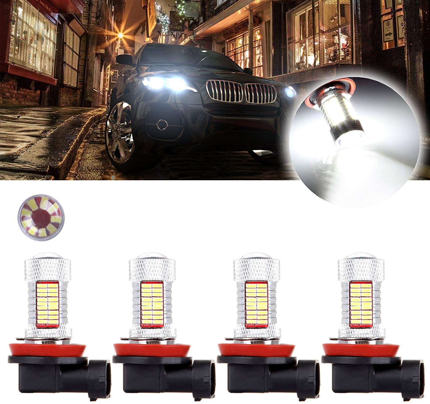 SCITOO White H11 LED Bulbs 81SMD LED Lights with Projector for Fog Light Plug and Play Style,4Pcs