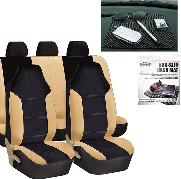 FH Group FH-FB103115 Leather/Velour High Back Car Seat Covers Beige/Tan (Full Set Airbag Ready and Split Rear Bench) FH1002 Non-Slip Dash Grip Pad-Fit Most Car, Truck, SUV, or Van