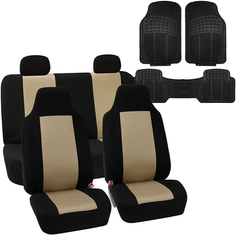 FH Group FH-FB102114 Full Set Classic Cloth Car Seat Covers Beige/Black with F11306 Vinyl Floor Mats - Fit Most Car, Truck, SUV, or Van