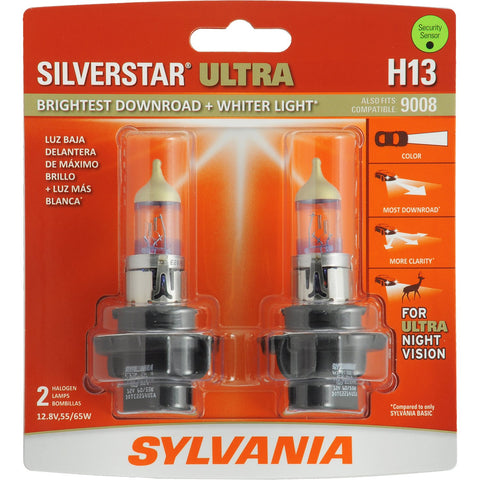 SYLVANIA - H13 SilverStar Ultra - High Performance Halogen Headlight Bulb, High Beam, Low Beam and Fog Replacement Bulb, Brightest Downroad with Whiter Light, Tri-Band Technology (Contains 2 Bulbs)