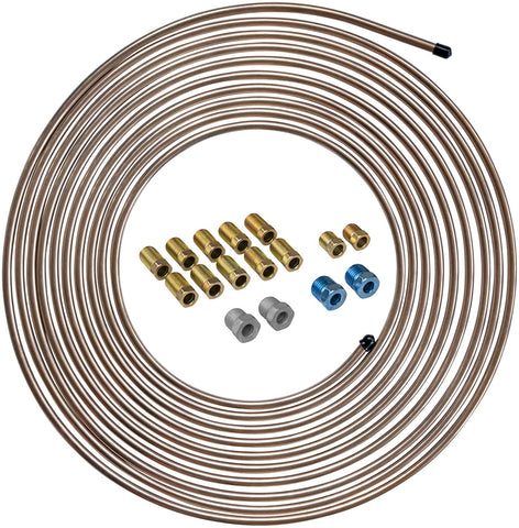 Copper Coated Steel Brake Line Tubing Coil and Fitting Kit, 1/4 x 25