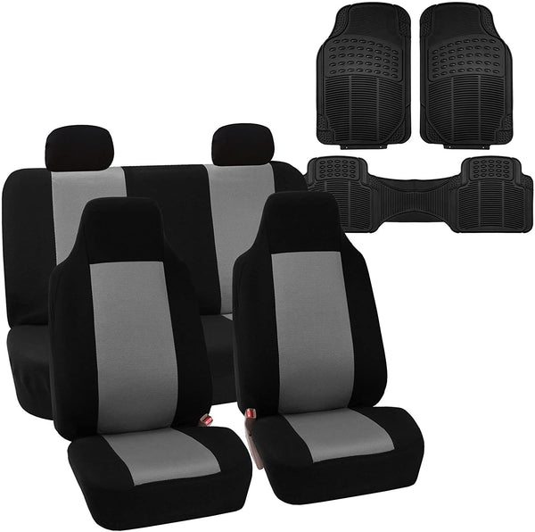 FH Group FH-FB102114 Full Set Classic Cloth Car Seat Covers Gray/Black Color with F11306 Vinyl Floor Mats - Fit Most Car, Truck, SUV, or Van