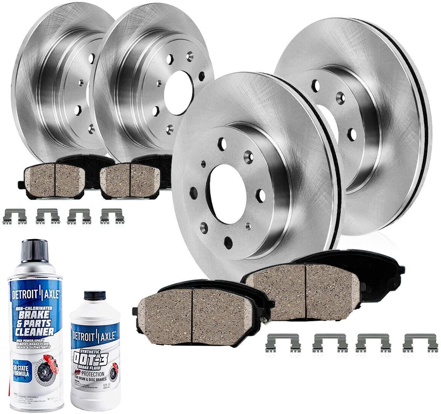 Detroit Axle - All (4) Front & Rear Disc Brake Kit Rotors w/Ceramic Pads w/Hardware & Brake Kit Cleaner Fluid for 2004-2009 Kia Spectra - [2005-2009 Kia Spectra5]