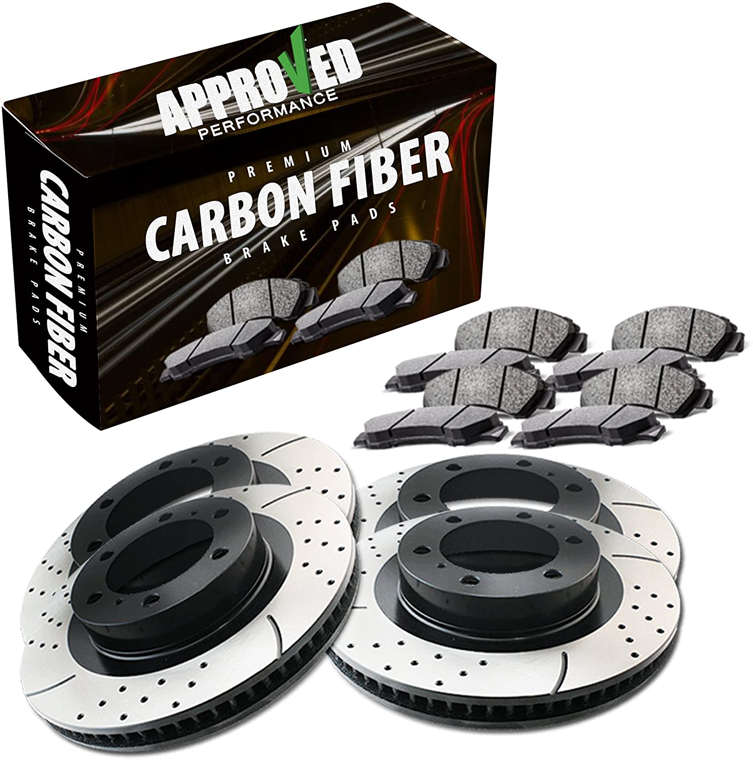 4WD Only Approved Performance F15876 - [Front & Rear Kit] Performance Drilled/Slotted Brake Rotors and Carbon Fiber Pads