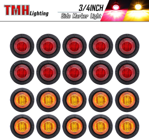 20 Pcs TMH 3/4 Inch Mount 10 pcs Amber & 10 pcs RED LED Clearance Markers Bullet Marker lights, side marker lights, led marker lights, led side marker lights, led trailer marker lights