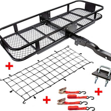 RaxGo Hitch Mount Cargo Carrier Set with 60” x 20” x 6” Steel Hitch Hauler Basket, Elastic Cargo Net with Attachment Hooks, Two Water-Resistant Ratchet Straps & Two Regular Straps [500 Pound Capacity]