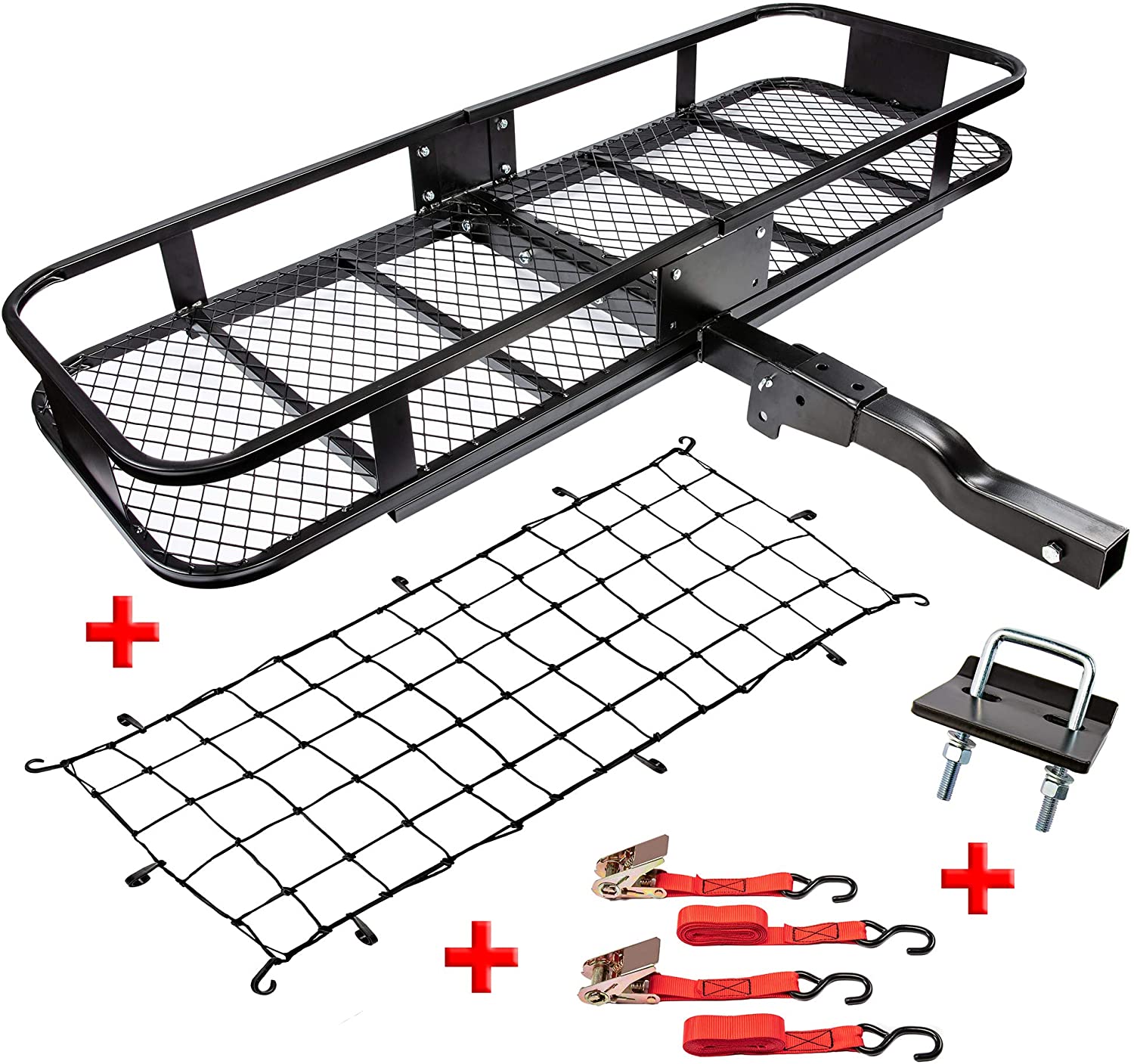 RaxGo Hitch Mount Cargo Carrier Set with 60” x 20” x 6” Steel Hitch Hauler Basket, Elastic Cargo Net with Attachment Hooks, Two Water-Resistant Ratchet Straps & Two Regular Straps [500 Pound Capacity] (Cargo Hitch Hauler)