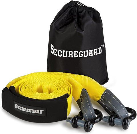 Secureguard Recovery Tow Strap - 20 Feet Long | Extra Heavy Duty Tow Rope with 30,000 lbs of Strength | Reinforced Eye Hoops | Steel U-Hooks for Reliable Towing | With Durable Carrying Bag for Storage