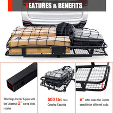 Hitch Mount Cargo Carrier with Cargo Net and Anti-rattle Stabilizer 60" x 21" x 6" Folding Cargo Basket with 500 LB Capacity Fits 2" Receiver for Car SUV Pickup (USPTO Patent Pending)