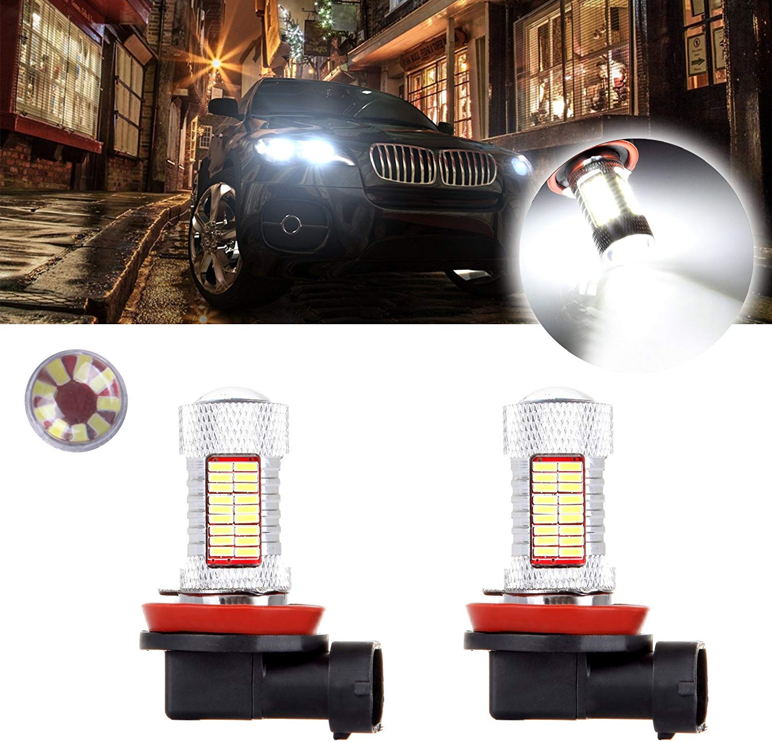 SCITOO White H11 LED Bulbs 81SMD LED Lights with Projector for Fog Light Plug and Play Style,2Pcs