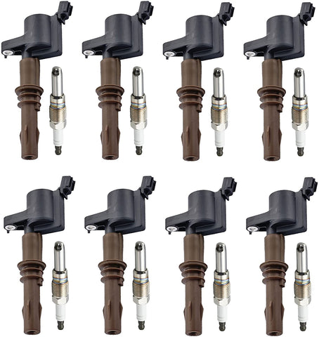 ENA Set of 8 Platinum Spark Plugs and 8 Brown Boot Ignition Coils compatible with 2008-2014 Ford Expedition Explorer F-150 F-250 F-350 Lincoln Navigator 4.6L 5.4L FD509 SP509