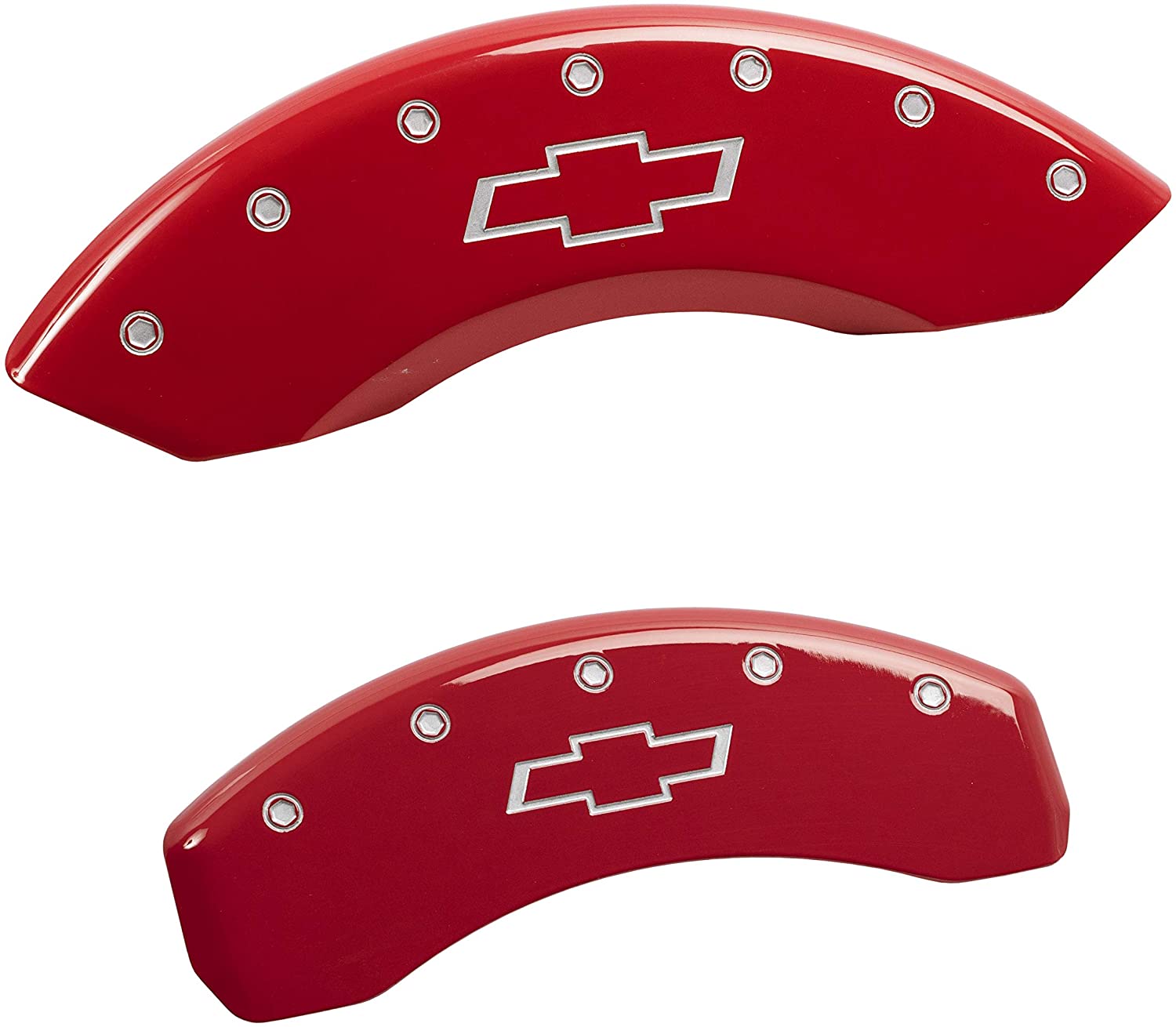 MGP Caliper Covers 14234SBOWRD, Caliper Cover Compatible With Chevrolet Vehicles, Bowtie Engraved Front and Rear Brake Cover with Red Powder Coat Finish and Silver Characters, 4 Pack