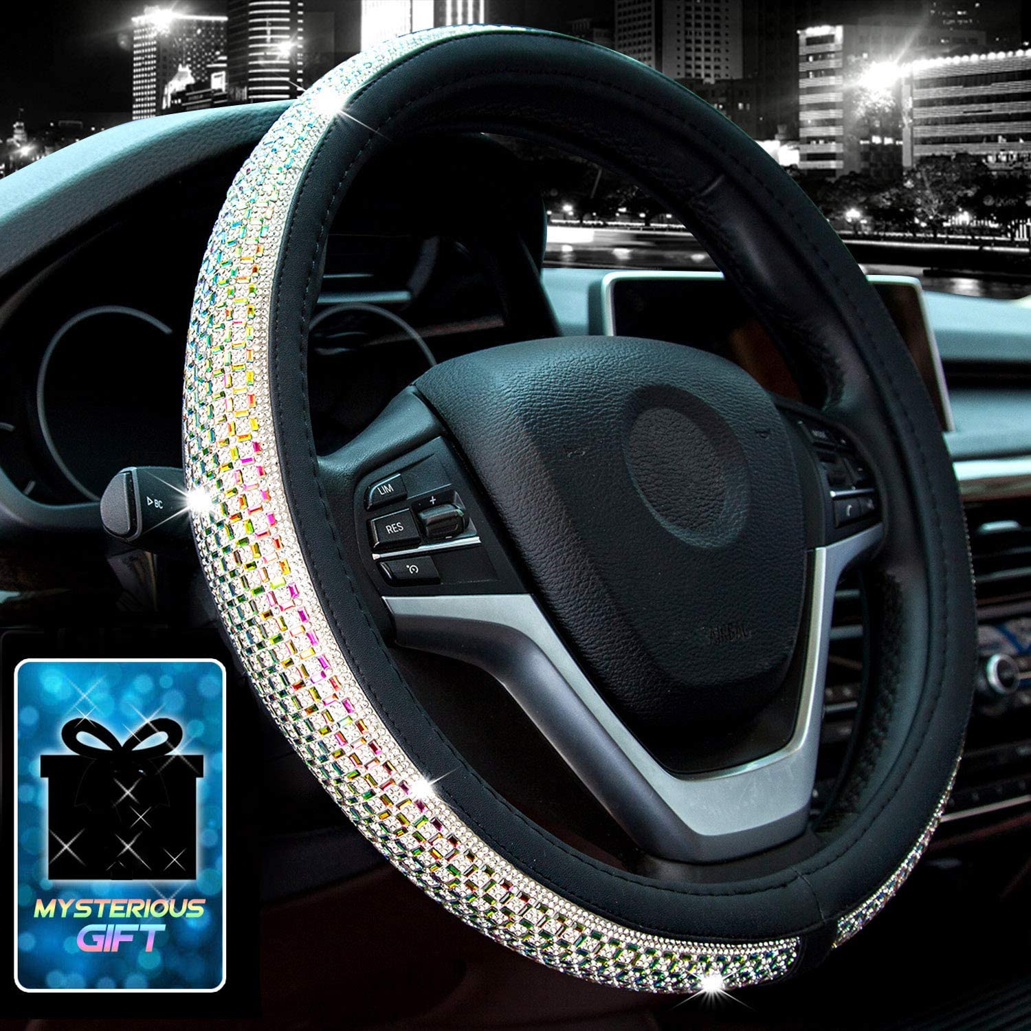 Didida Bling Steering Wheel Cover for Men Women Diamond Crystal Rhinestones Shiny Universal 15 Inch (Colorful)