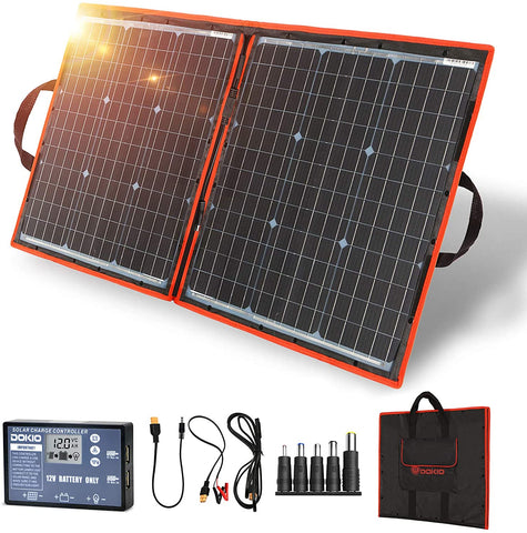 DOKIO 80w Portable Folding Solar Panel Kit Lightweight(4.6lb,22x21inch) Monocrystalline(HIGH Efficiency) with Regulator (2 USB Output) to Charge 12v Batteries (Vented AGM Gel) RV Camper Boat Pump