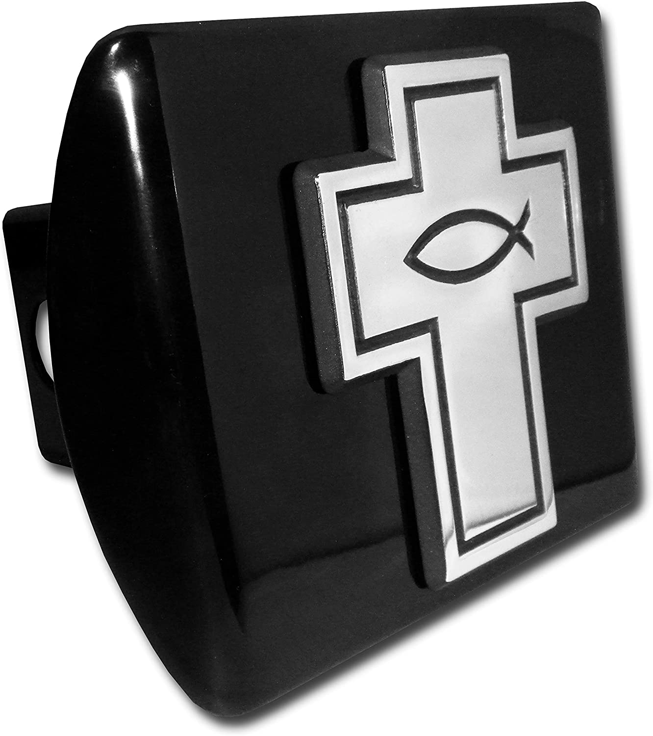 Elektroplate Cross with Christian Fish Lord God Jesus Christ Religion Ichthus Symbol Black with Chrome Cross Emblem Religous Metal Hitch Cover Fits 2 Inch Auto Car Truck Receiver