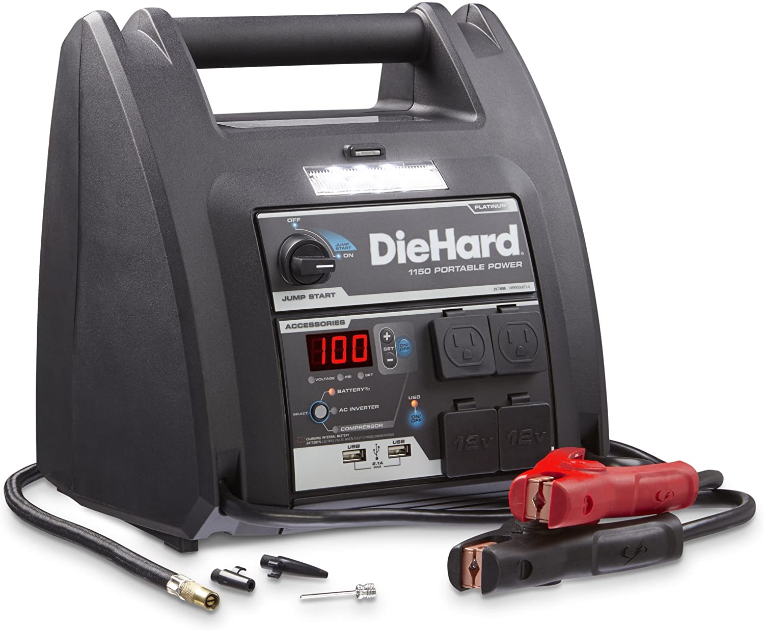 DieHard 71688 1150 Peak Amp 12V Jump Starter with USB/12V Portable Power Ports and 100PSI Air Compressor
