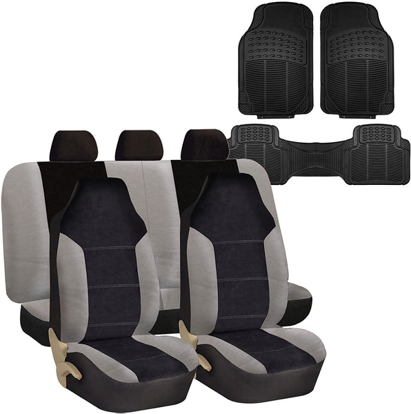FH Group FH-FB103115 Leather/Velour High Back Car Seat Covers Gray/Black (Full Set Airbag Ready and Split Rear Bench) with F11306 Vinyl Floor Mats -Fit Most Car, Truck, SUV, or Van