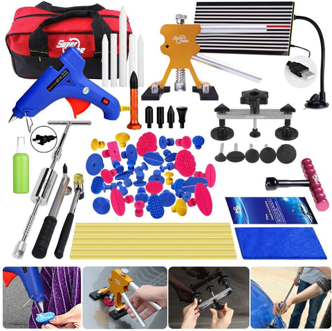 Super PDR 68pcs Auto Body Paintless Dent Removal Repair Tools Kits Dent Lifter Slide Hammer Pro Tabs Tap Down LED Reflector Board with Tool Bag
