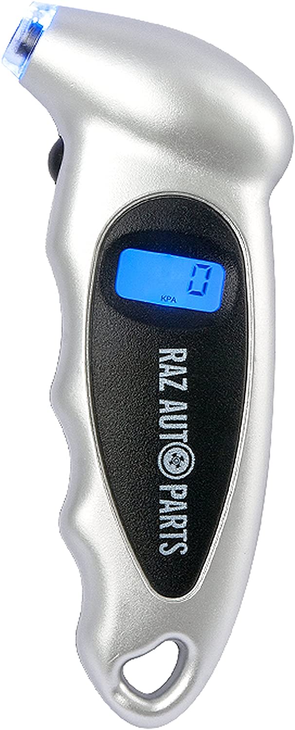 RAZ AUTO PARTS Digital Tire Pressure Gauge – Reliable Tire Pressure Monitoring System – Lighted Air Pressure Gauge for Car, Truck, Motorcycle, Bike, ATV and More – Durable and Accurate PSI Gauge