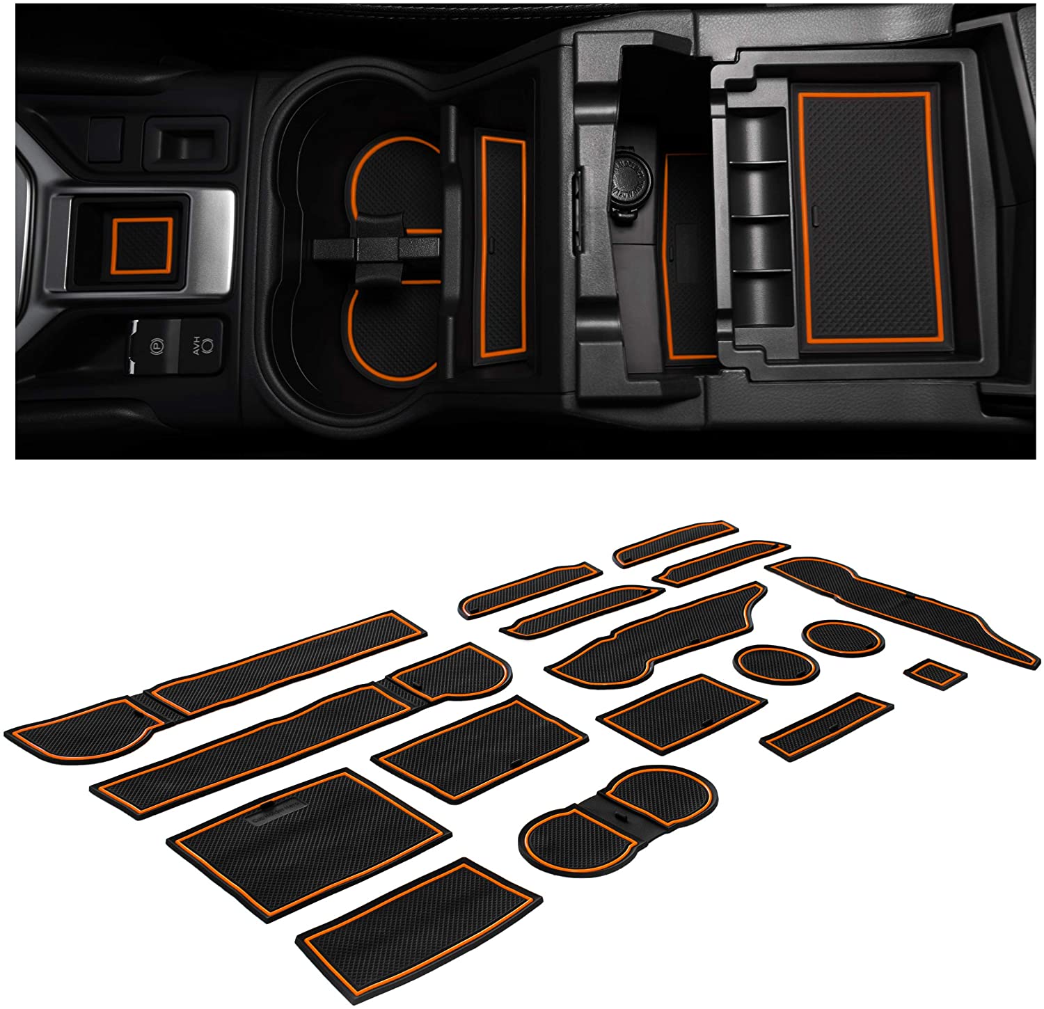 CupHolderHero for Subaru Forester 2019-2020 Custom Liner Accessories – Premium Cup Holder, Console, and Door Pocket Inserts 17-pc Set (Orange Trim)