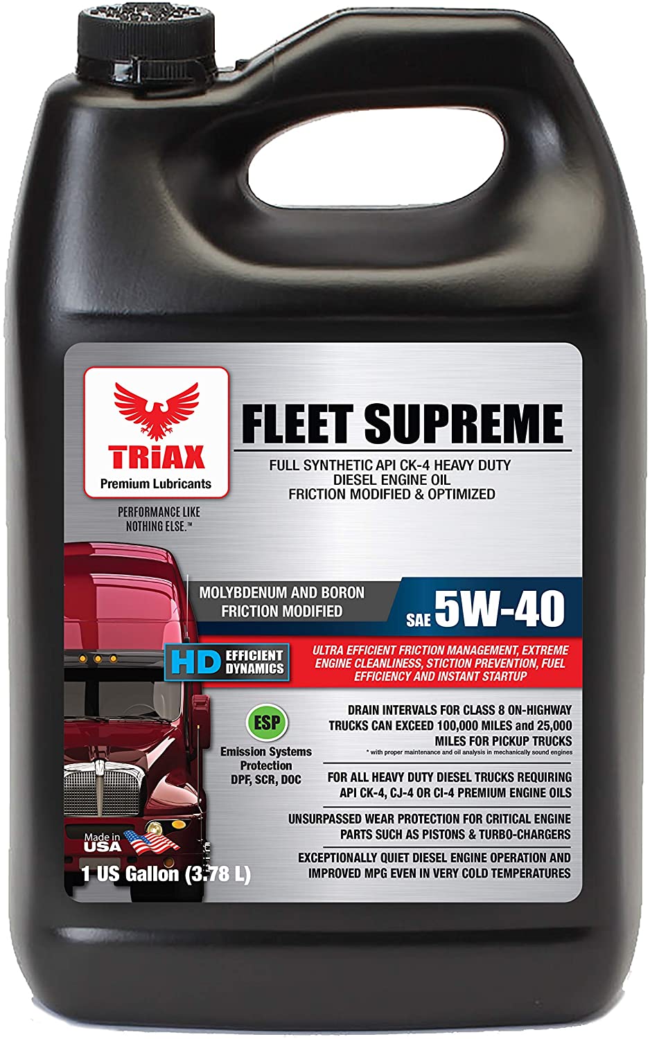 Triax Fleet Supreme ESP 5W-40 Ultimate Full Synthetic - Friction Modified - API CK-4 Heavy Duty Diesel Engine Oil with Moly, Performance Boosted. (1 Gallon (Case of 4))