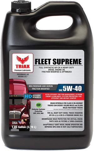Triax Fleet Supreme ESP 5W-40 Ultimate Full Synthetic - Friction Modified - API CK-4 Heavy Duty Diesel Engine Oil with Moly, Performance Boosted. (1 Gallon (Case of 4))